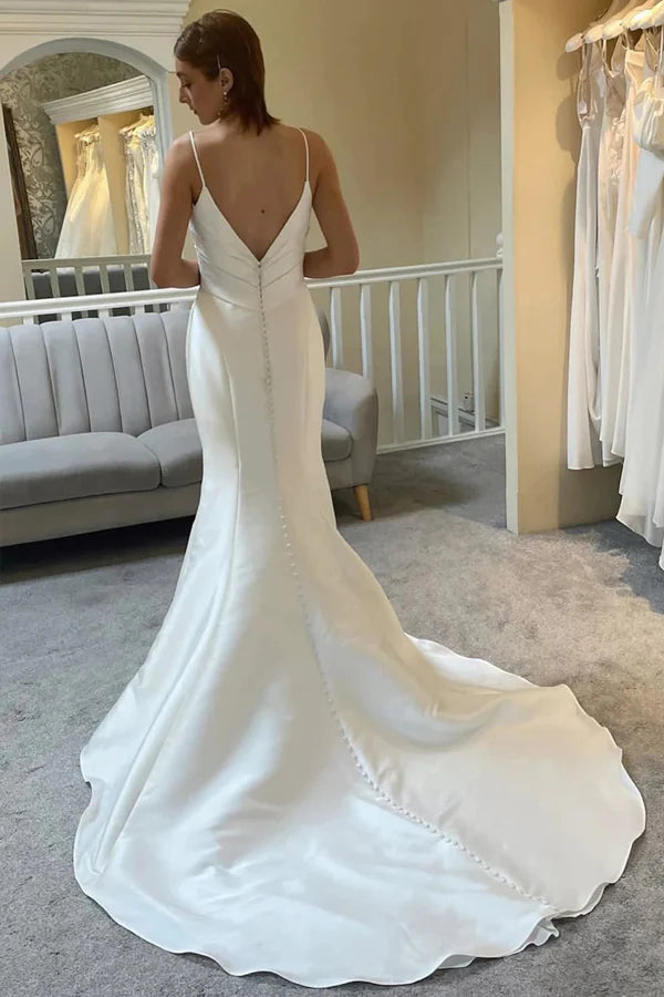 Ivory Spaghetti Strap Backless Trumpet Wedding Dress